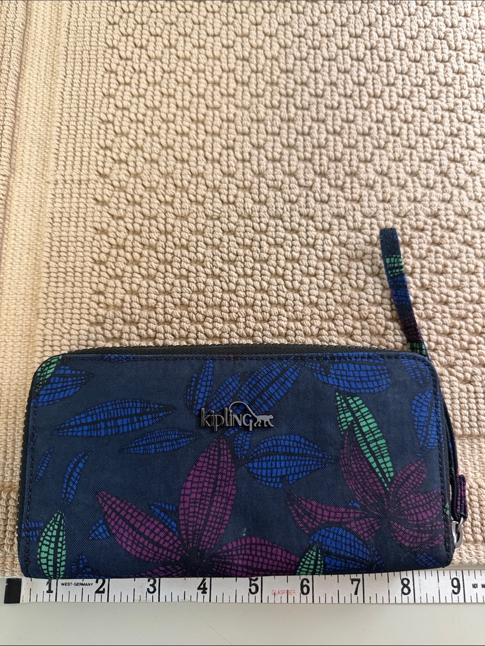 Kipling Navy Floral Leaf Zip-Around Wallet with Wrist Strap
